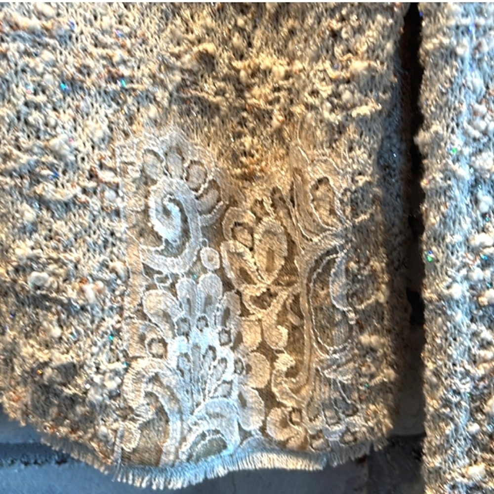 ST JOHN COUTURE 8 BOUCLE CROCHET AURORA BOREALIS LACE CREAM WOOL SILK SKIRT SUIT - Picture 3 of 16